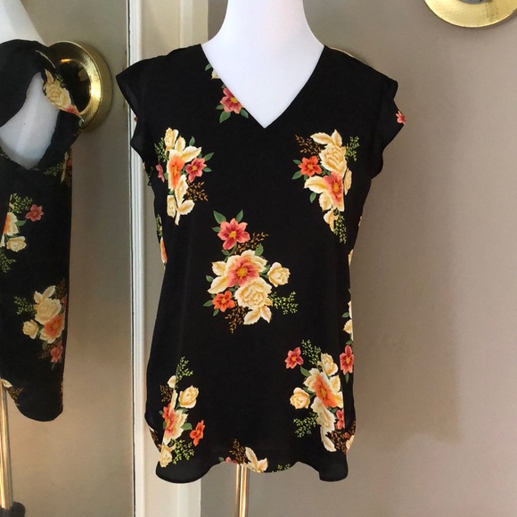 LOFT Tops - LOFT Sleeveless Black floral v neck top size XS